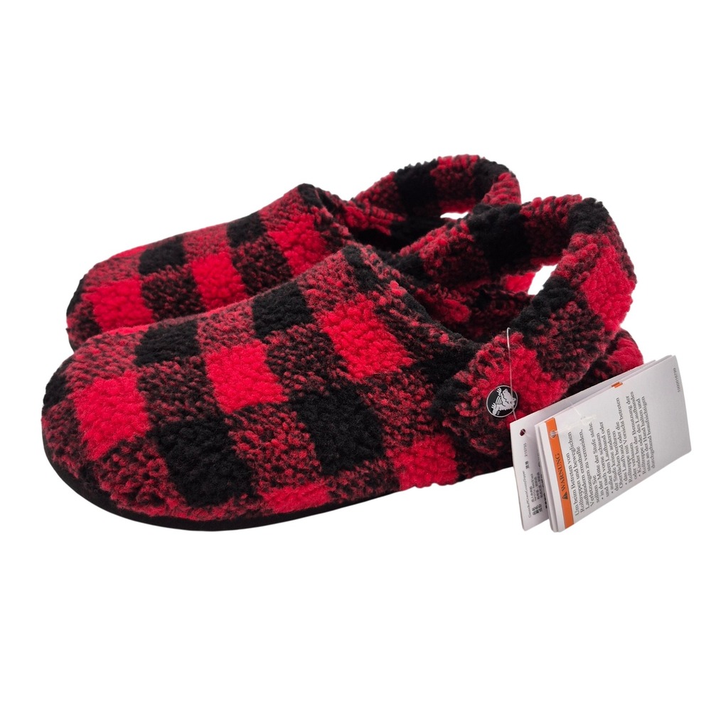 Crocs Classic Fuzzy Cozzzy Slippers Women's Size 9 Shoes Buffalo Check Red Black